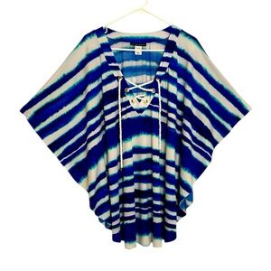 La Blanca Size Small Blue & White Nautical Stripe Wave Rope V-Neck Coverup